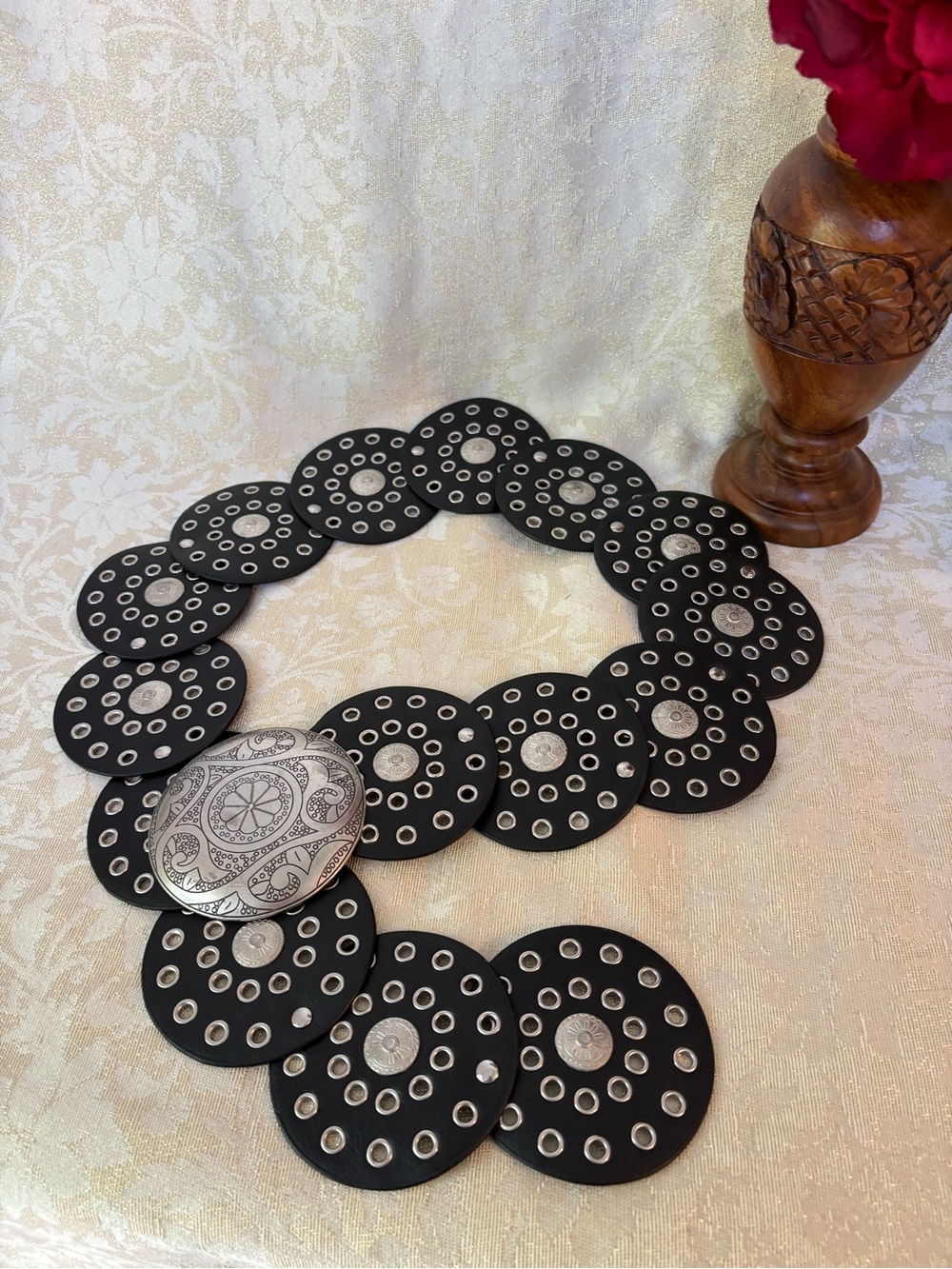 Black Disc Statement Belt with Silver Medallion - Picture 2 of 7